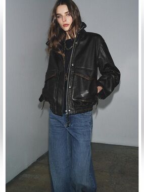 Zara 100% Leather Bomber Jacket ZW Collection Limited EDITION